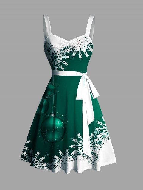 Christmas Sweetheart Neck Snowflake Bell Contrast Print Ruched Bust Tank Belt Festival Dress
