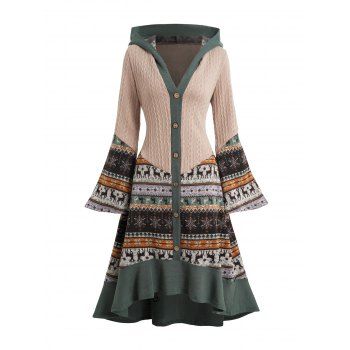 Elk Snowflake Tribal Pattern Knit High Low Flocking Liner Hooded Dress Button Up Flare Sleeve Midi Dress 