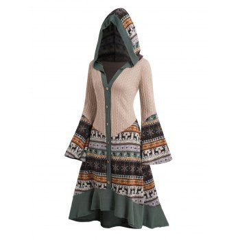 Elk Snowflake Tribal Pattern Knit High Low Flocking Liner Hooded Dress Button Up Flare Sleeve Midi Dress 