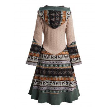 Elk Snowflake Tribal Pattern Knit High Low Flocking Liner Hooded Dress Button Up Flare Sleeve Midi Dress 