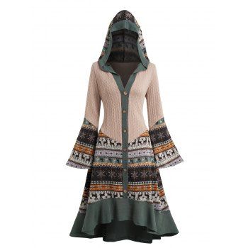 Elk Snowflake Tribal Pattern Knit High Low Flocking Liner Hooded Dress Button Up Flare Sleeve Midi Dress 