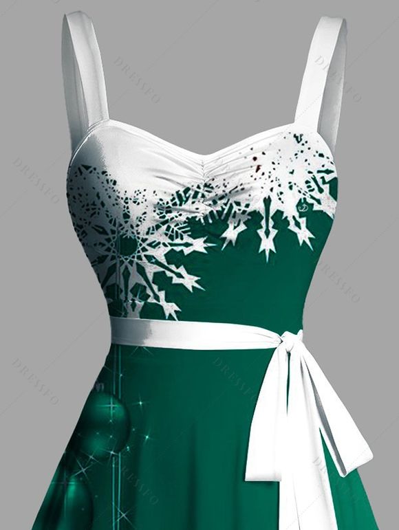 Robe de Soirée Volantée Imprimé Flocon de Neige et Clochette de Noël - Vert profond S | US 4