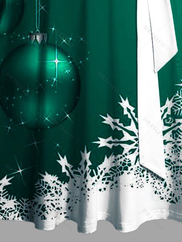 Robe de Soirée Volantée Imprimé Flocon de Neige et Clochette de Noël - Vert profond S | US 4