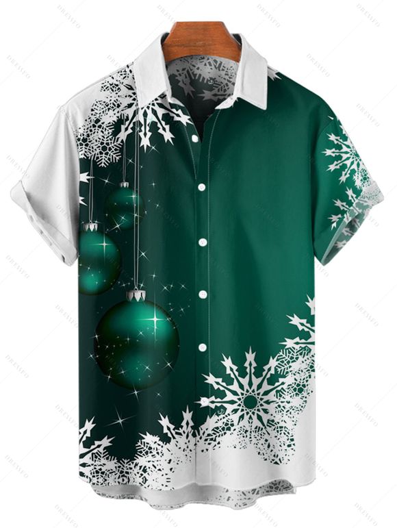 Chemise Décontractée Flocon de Neige de Noël Imprimé Boutonnée à Manches Courtes - Vert profond XL