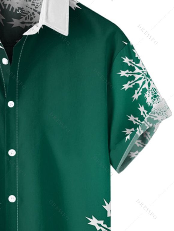 Chemise Décontractée Flocon de Neige de Noël Imprimé Boutonnée à Manches Courtes - Vert profond XL