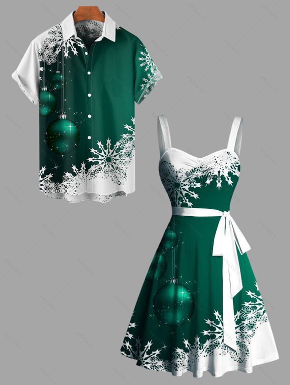 Robe à Manches Cloches avec Col en Cœur et Imprimé Flocons de Neige de Noël - Vert profond S | US 4