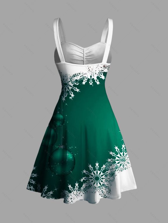 Robe à Manches Cloches avec Col en Cœur et Imprimé Flocons de Neige de Noël - Vert profond S | US 4