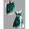 Christmas Sweetheart Neck Snowflake Bell Contrast Print Dress and Roll Up Sleeve Shirt Outfit