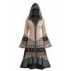 Elk Snowflake Tribal Pattern Knit High Low Flocking Liner Hooded Dress Button Up Flare Sleeve Midi Dress