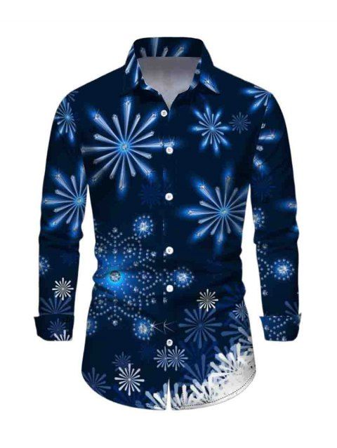 Chemise de Noël Boutonnée Flocon de Neige Imprimé Manches Longues à Col Relevé