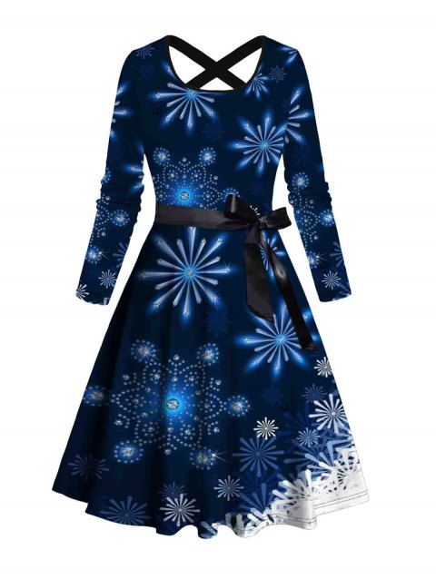 Robe de Noël Croisée Ceinturée Flocon de Neige Imprimée Manches Longues à Col Bénitier