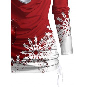 Christmas Snowflake Print Cinched Faux Twinset T-shirt Cowl Neck Long Sleeve 2 In 1 Tee