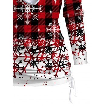 Snowflake Print Cinched Christmas Faux Twinset T-shirt Cowl Neck Long Sleeve Twofer Tee