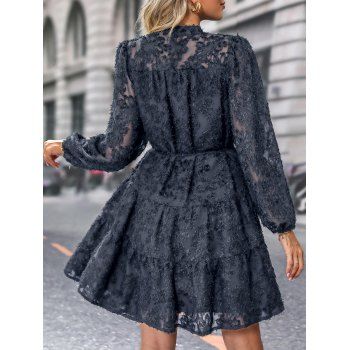 Solid Textured Floral Mesh Overlay Party Dress Latern Sleeve Stand Up Collar Tie Waist Dress