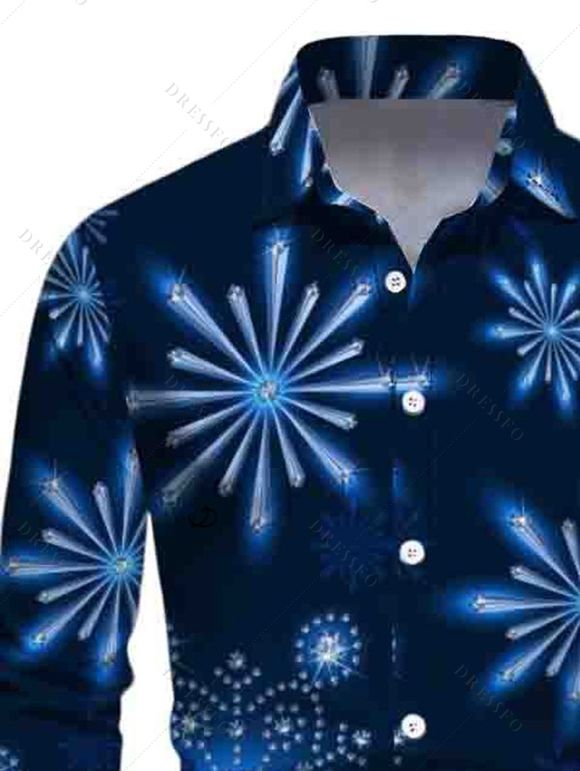 Chemise de Noël Boutonnée Flocon de Neige Imprimé Manches Longues à Col Relevé - Bleu profond 5XL