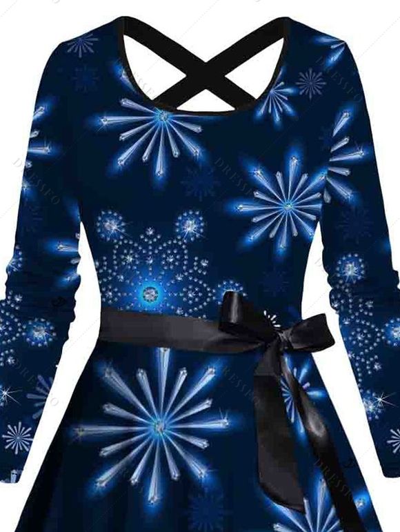 Robe de Noël Croisée Ceinturée Flocon de Neige Imprimée Manches Longues à Col Bénitier - Bleu profond XXXL | US 16