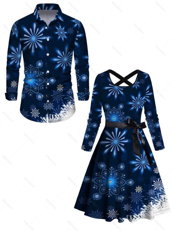 Christmas Snowflake Print Crisscross Belted Dress And Button Up Long Sleeve Shirt Matching Outfit - Bleu profond S | US 4