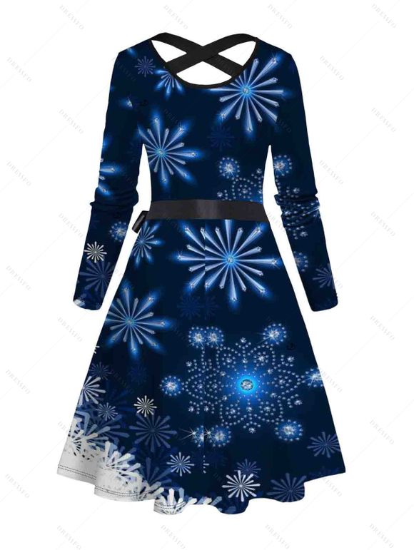 Christmas Snowflake Print Crisscross Belted Dress And Button Up Long Sleeve Shirt Matching Outfit - Bleu profond S | US 4