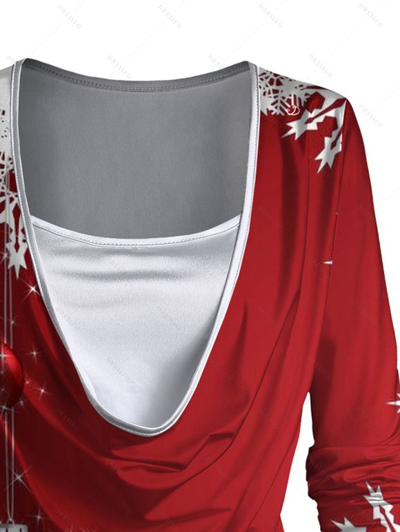 T-shirt Flocon de Neige de Noël Imprimé à Manches Longues à Col Bénitier Deux Pièces - Rouge M | US 6