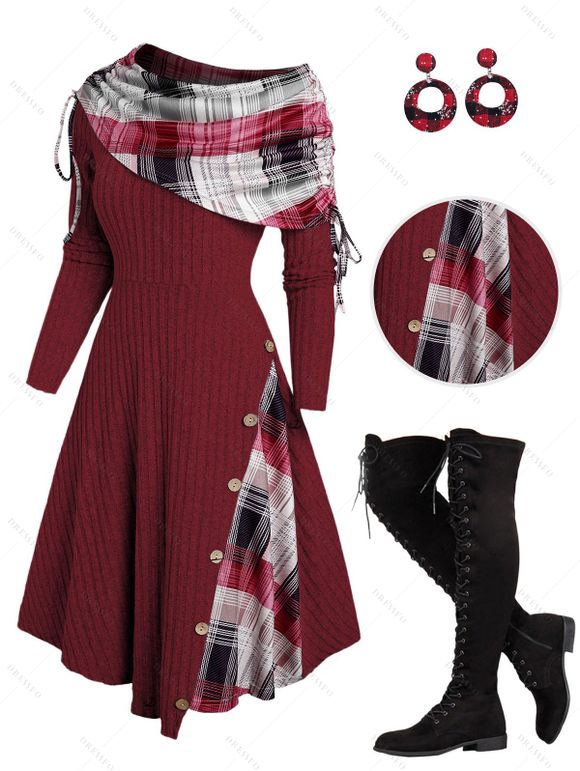 Plaid Patchwork Off The Shoulder Cinched Asymmetric Dress And Lace Up Over The Knee Boots Snowflake Drop Earrings Outfit - Rouge foncé S | US 4