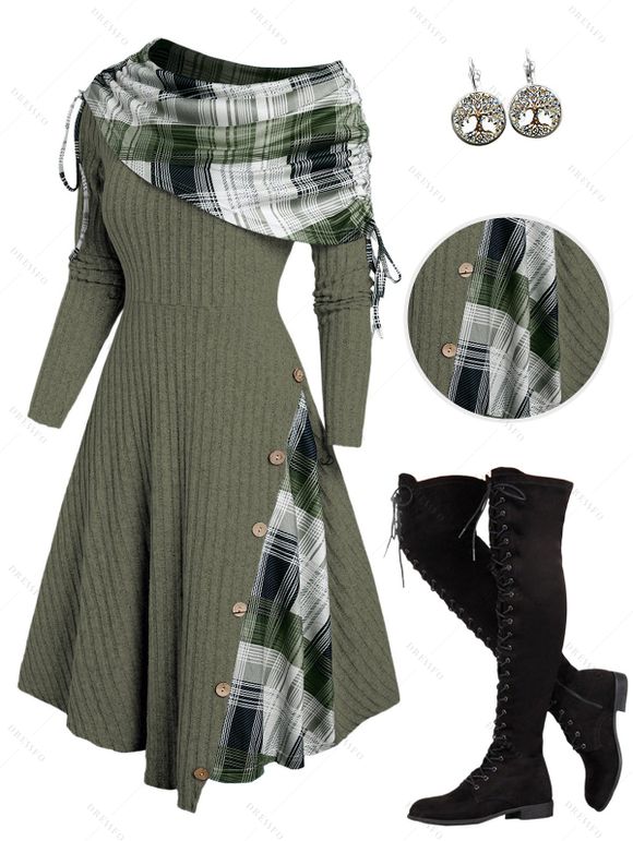 Plaid Patchwork Off The Shoulder Cinched Asymmetric Dress And Lace Up Over The Knee Boots Life Tree Pattern Hoop Drop Earrings Outfit - Vert profond S | US 4