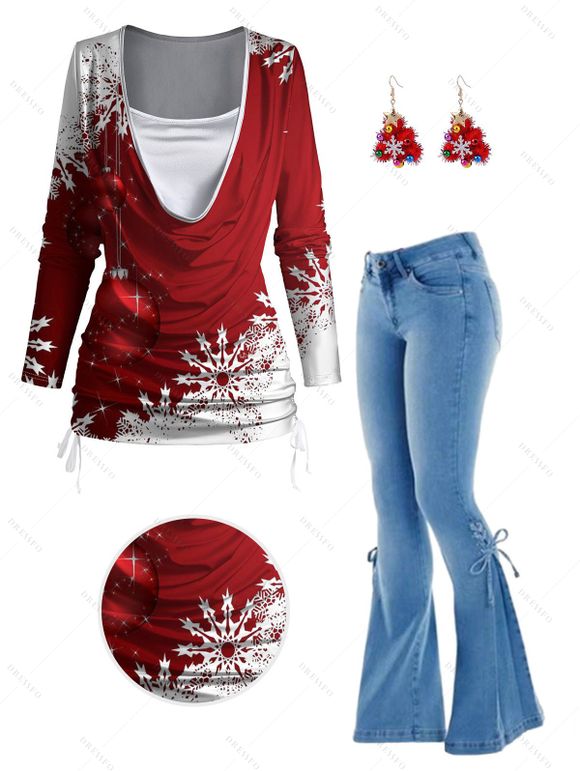 Christmas Snowflake Print Cinched Cowl Neck Faux Twinset T-shirt And Lace Up Flare Jeans Christmas Tree Drop Earrings Outfit - Rouge S | US 4