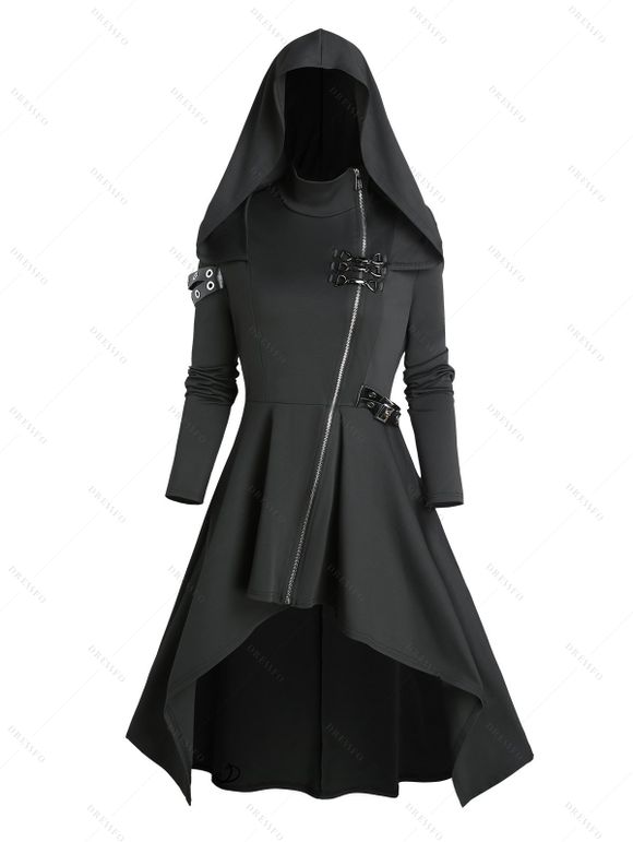 Manteau à Capuche Long Gothique Zippé Oblique à Bretelle Bouclée à Œillet - Noir S | US 4