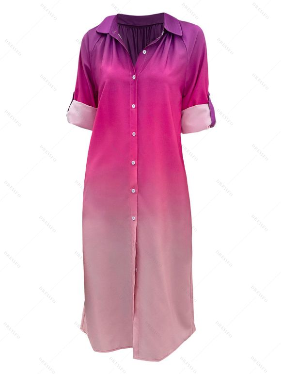 Robe Chemise Mi-longue Boutonnée Ombrée à Manches Raglan à Col Rabattu - Rose clair S | US 4