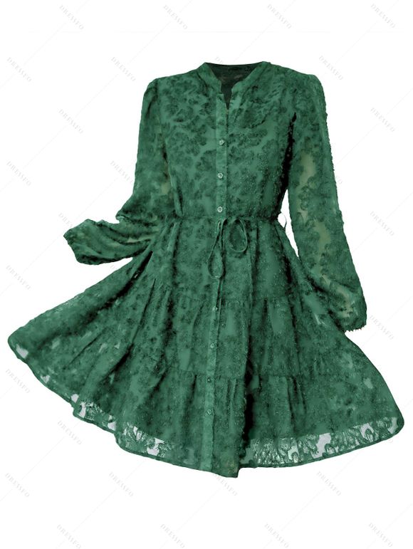 Robe de Soirée Fourreau Superposée Fleurie en Maille Taille Nouée à Manches Lognues - Vert profond S | US 4