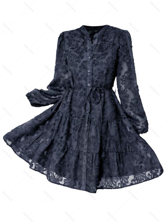 Robe de Soirée Fourreau Superposée Fleurie en Maille Taille Nouée à Manches Lognues - Bleu de Minuit L | US 8