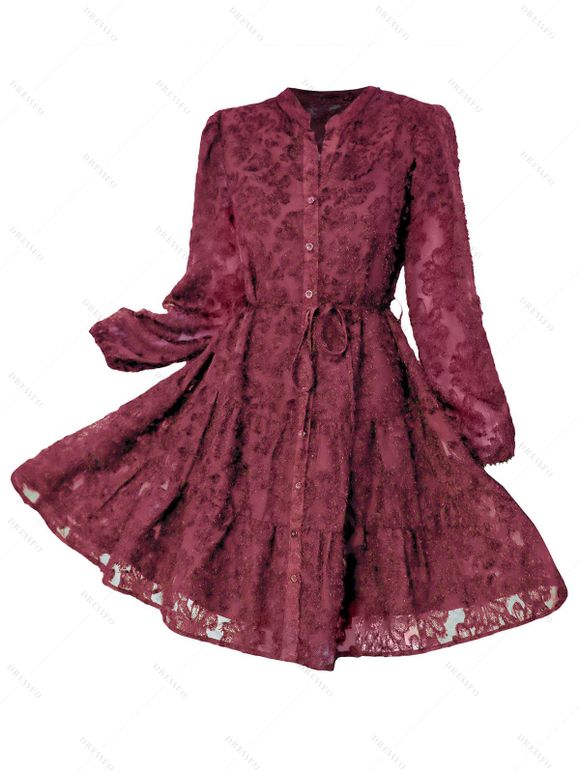 Robe de Soirée Fourreau Superposée Fleurie en Maille Taille Nouée à Manches Lognues - Rouge foncé M | US 6