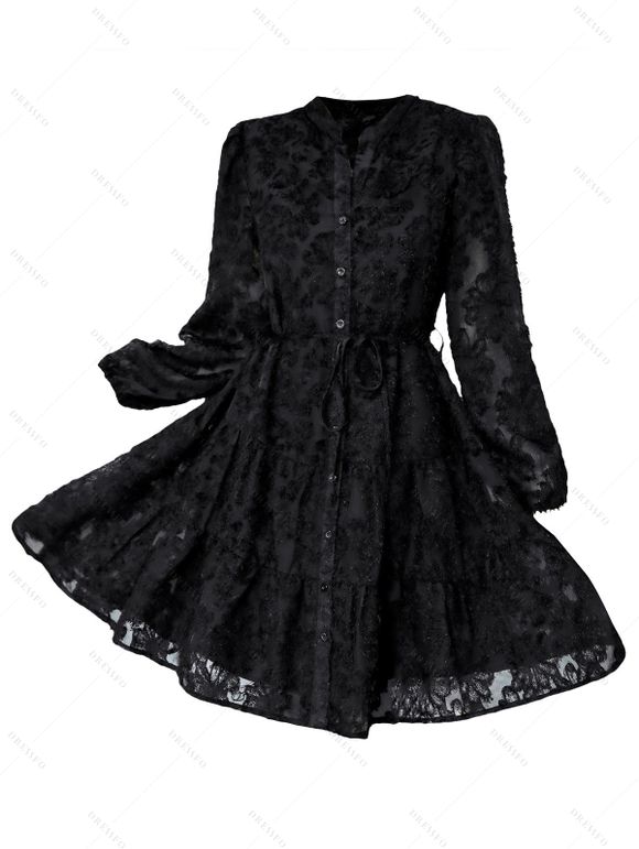 Robe de Soirée Fourreau Superposée Fleurie en Maille Taille Nouée à Manches Lognues - Noir S | US 4