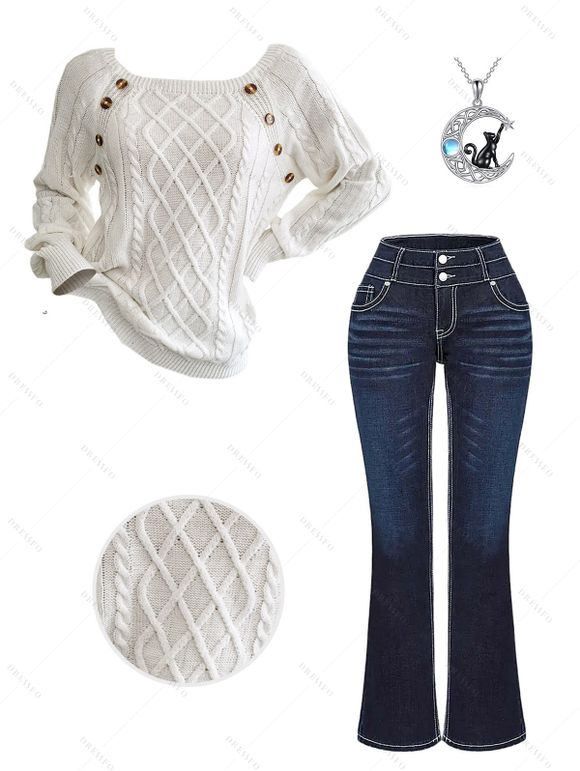 Cable Knit Mock Button Raglan Sleeve Sweater And Leaf Embroidery Zip Fly Jeans Moon Cat Chain Necklace Outfit - Blanc S | US 4