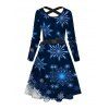 Robe de Noël Croisée Ceinturée Flocon de Neige Imprimée Manches Longues à Col Bénitier - Bleu profond S | US 4