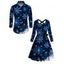 Christmas Snowflake Print Crisscross Belted Dress And Button Up Long Sleeve Shirt Matching Outfit - Bleu profond S | US 4