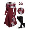 Plaid Patchwork Off The Shoulder Cinched Asymmetric Dress And Lace Up Over The Knee Boots Snowflake Drop Earrings Outfit