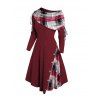 Plaid Patchwork Off The Shoulder Cinched Asymmetric Dress And Lace Up Over The Knee Boots Snowflake Drop Earrings Outfit - Rouge foncé S | US 4