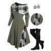 Plaid Patchwork Off The Shoulder Cinched Asymmetric Dress And Lace Up Over The Knee Boots Life Tree Pattern Hoop Drop Earrings Outfit