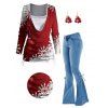 Christmas Snowflake Print Cinched Cowl Neck Faux Twinset T-shirt And Lace Up Flare Jeans Christmas Tree Drop Earrings Outfit - Rouge S | US 4