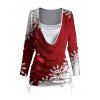 Christmas Snowflake Print Cinched Cowl Neck Faux Twinset T-shirt And Lace Up Flare Jeans Christmas Tree Drop Earrings Outfit - Rouge S | US 4