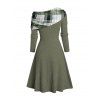 Plaid Patchwork Off The Shoulder Cinched Asymmetric Dress And Lace Up Over The Knee Boots Life Tree Pattern Hoop Drop Earrings Outfit - Vert profond S | US 4