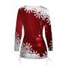 Christmas Snowflake Print Cinched Cowl Neck Faux Twinset T-shirt And Lace Up Flare Jeans Christmas Tree Drop Earrings Outfit - Rouge S | US 4