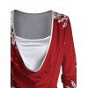 Christmas Snowflake Print Cinched Cowl Neck Faux Twinset T-shirt And Lace Up Flare Jeans Christmas Tree Drop Earrings Outfit - Rouge S | US 4