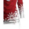 Christmas Snowflake Print Cinched Cowl Neck Faux Twinset T-shirt And Lace Up Flare Jeans Christmas Tree Drop Earrings Outfit - Rouge S | US 4