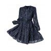 Robe de Soirée Fourreau Superposée Fleurie en Maille Taille Nouée à Manches Lognues - Bleu de Minuit L | US 8