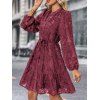 Robe de Soirée Fourreau Superposée Fleurie en Maille Taille Nouée à Manches Lognues - Rouge foncé M | US 6