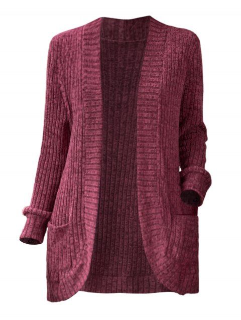 Cardigan avec Poche à Brodure Côtelée en Couleur Unie