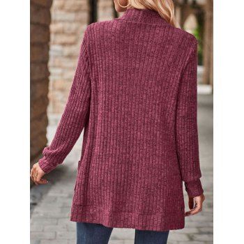 Solid Color Ribbed Welt Pocket Long-Sleeve Cardigan