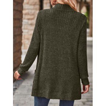 Solid Color Ribbed Welt Pocket Long-Sleeve Cardigan