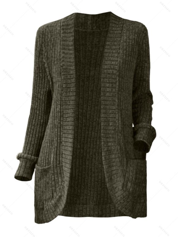 Cardigan avec Poche à Brodure Côtelée en Couleur Unie - Vert profond XXL | US 12